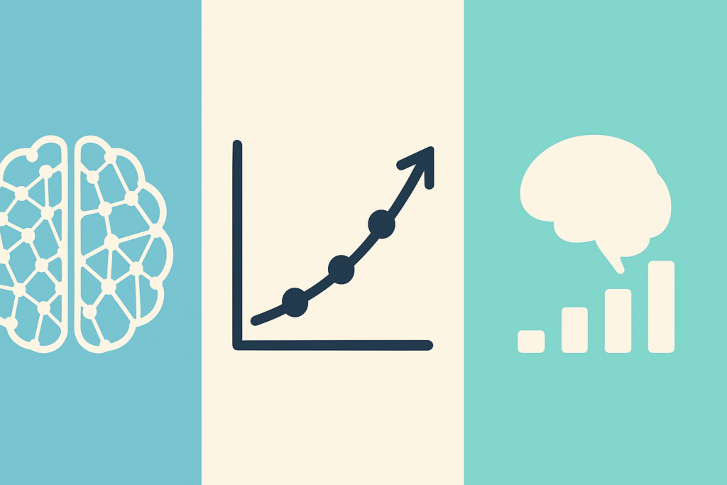 Infographic comparing the BrainHQ App with Lumosity and Elevate using symbolic brain icons, growth curves, and network patterns