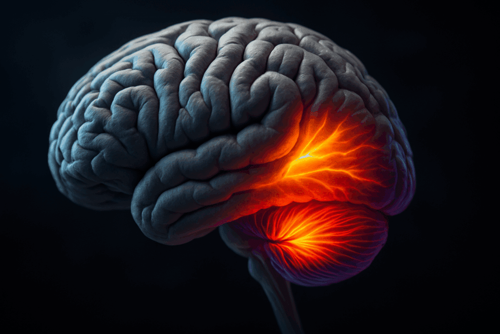 Labeled cerebellum diagram showing a vivid, close-up view of the human brain with the cerebellum highlighted in dynamic, colorful lighting.
