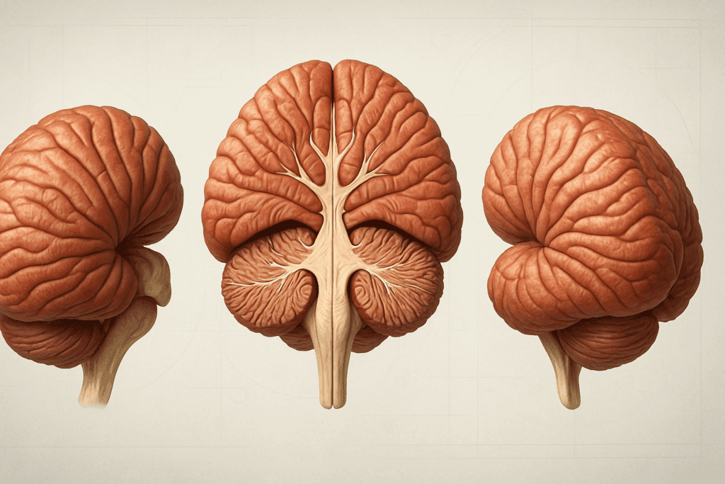 3D-rendered labeled cerebellum diagram showcasing the cerebellum's lobes, peduncles, and internal structures from multiple angles, with a clinical, scientific backdrop