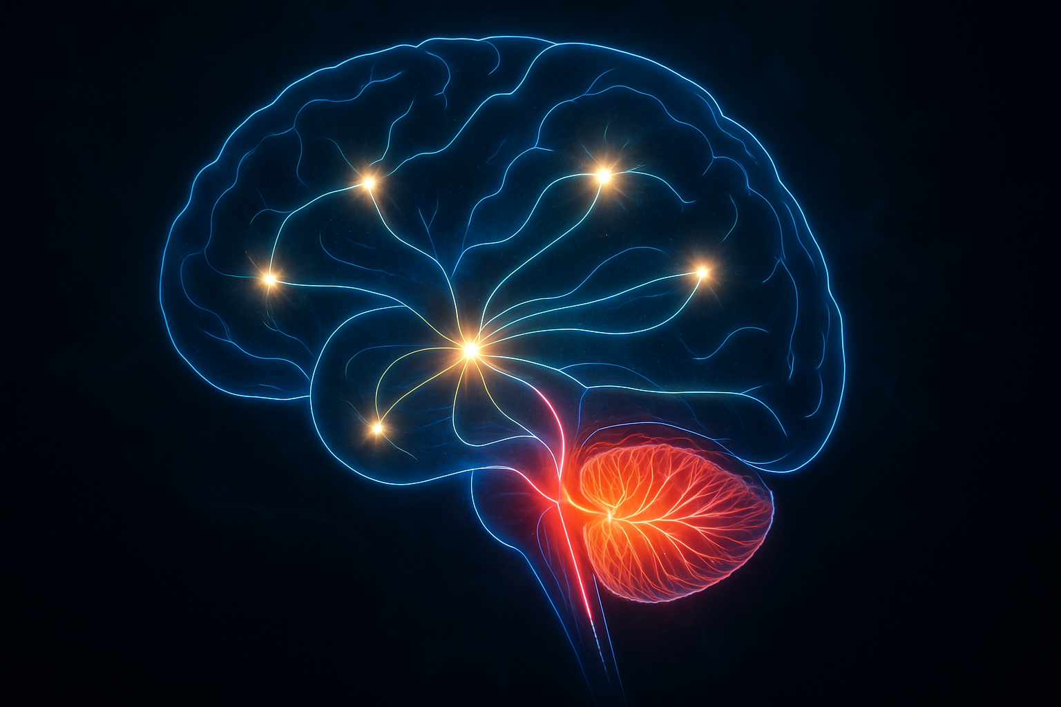 Labeled cerebellum diagram showing glowing neural pathways connecting the cerebellum to various brain regions against a dark cinematic background.