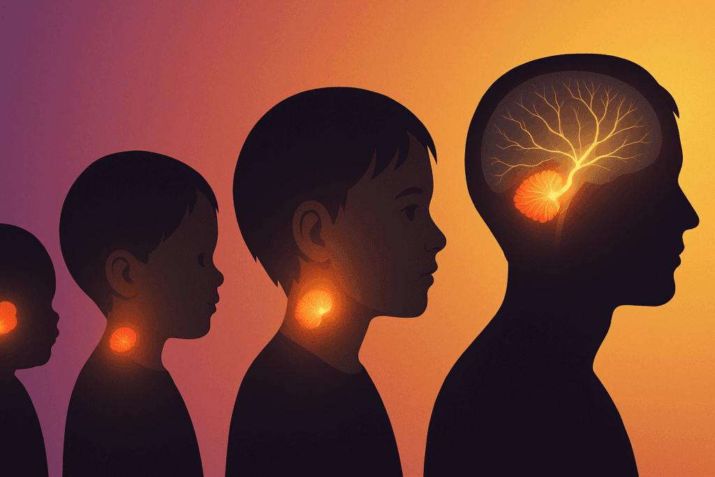 Diagram illustrating the development of the cerebellum from infancy to adulthood, with a labeled cerebellum diagram showing its growth and progressive neural activation in different life stages