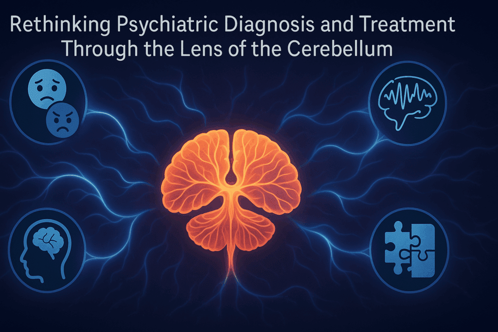 Labeled cerebellum diagram showing glowing neural pathways connecting the cerebellum to icons representing anxiety, depression, schizophrenia, and cognitive dysfunction.