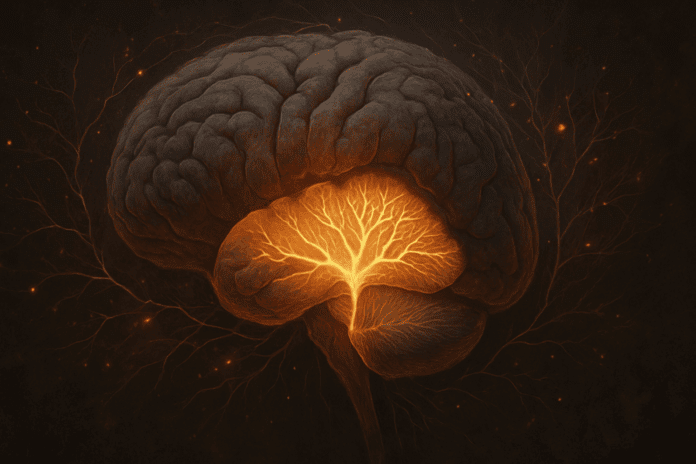 Highly detailed labeled cerebellum diagram showing a realistic, glowing cerebellum within the human brain, with neural connections symbolizing cognition and emotional regulation.