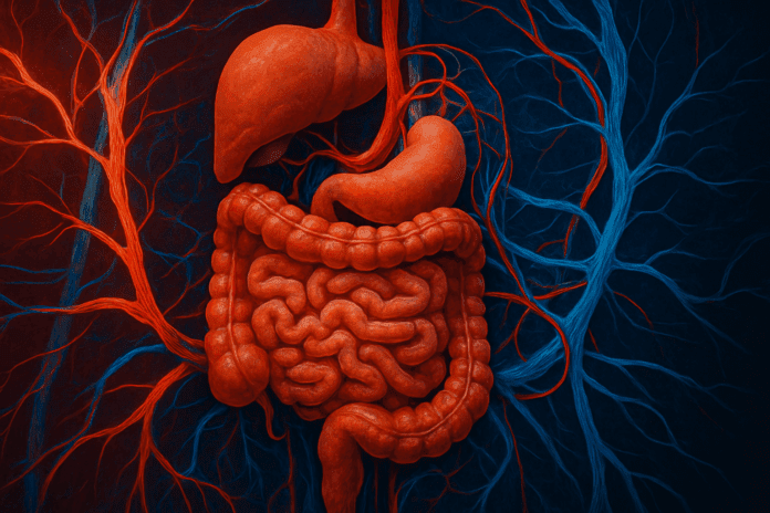 Artistic anatomical illustration showing how the circulatory system works with the digestive system through glowing blood vessels and detailed intestinal organs