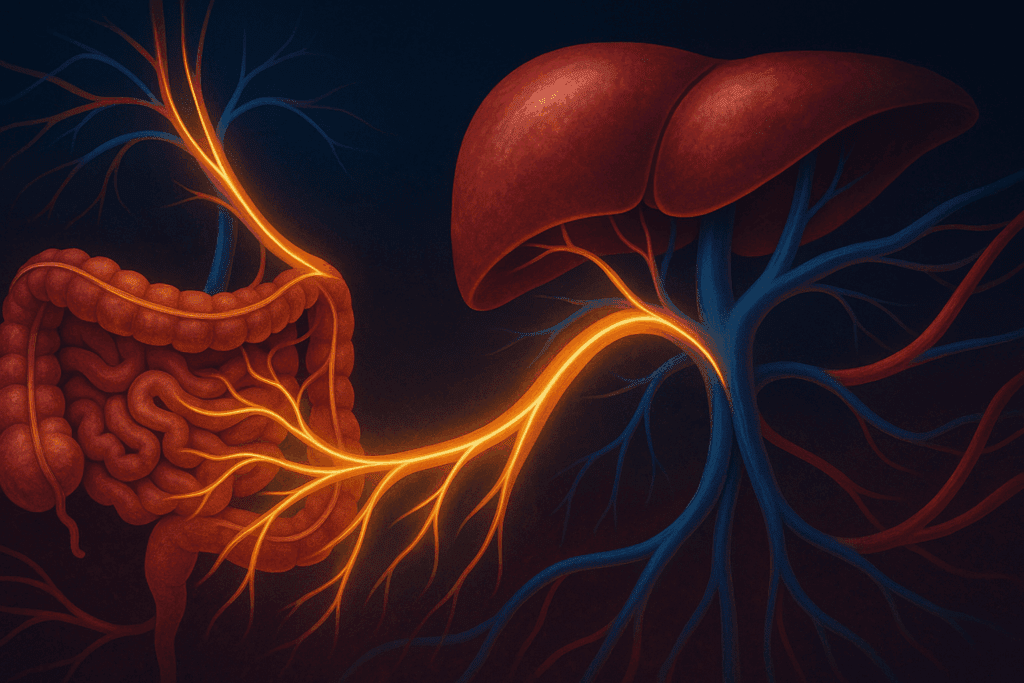 Glowing nutrient pathways show how the circulatory system works with the digestive system, transporting blood from intestines to liver