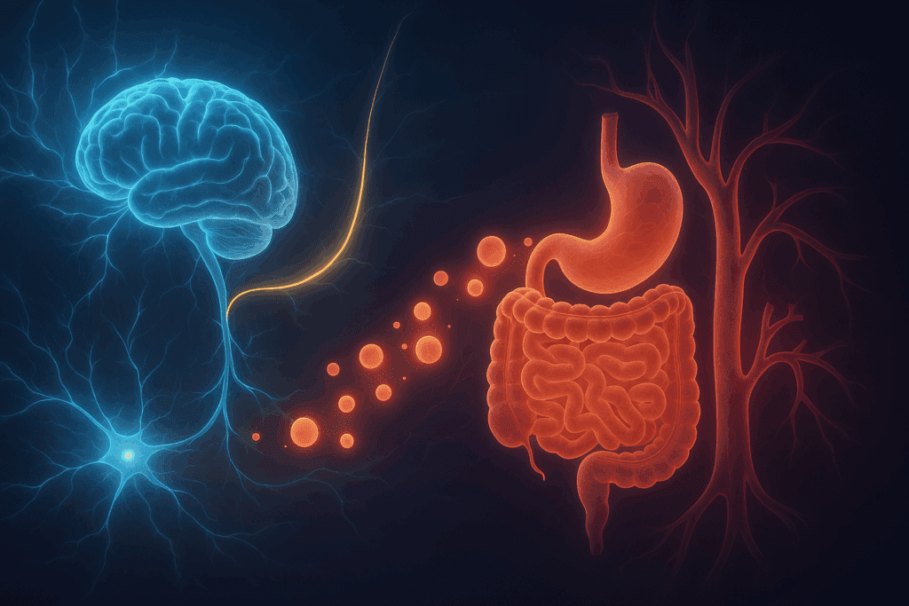 Conceptual illustration showing how the circulatory system works with the digestive system through glowing neural and hormonal connections between the brain, vagus nerve, gut, and blood vessels.