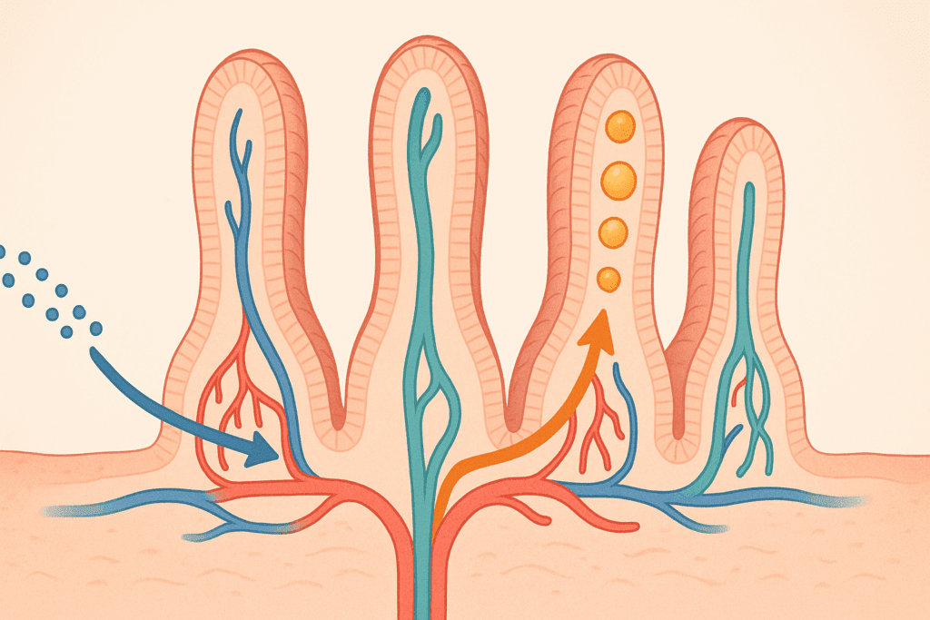 Scientific diagram showing how the circulatory system works with the digestive system to absorb nutrients through intestinal villi
