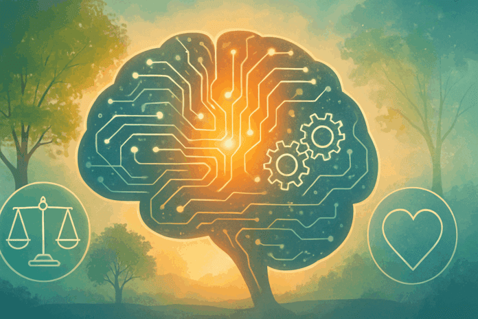 Conceptual landscape showing a glowing brain with circuits, nature elements, and symbolic icons representing the cognitive behavioral approach to therapy.