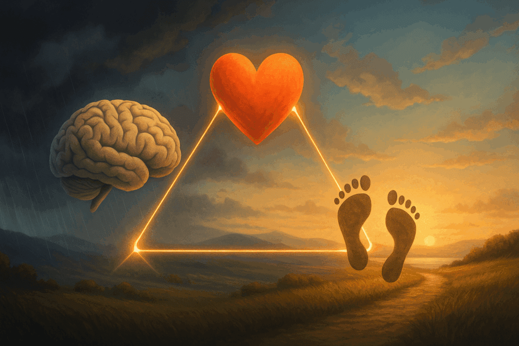 Symbolic landscape showing the cognitive behavioral approach to therapy with a brain, heart, and footprints linked by glowing lines under a sky transitioning from stormy to calm