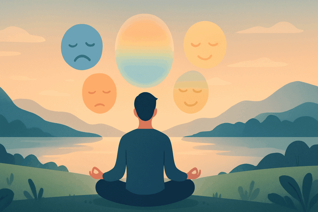 Person meditating in nature with floating emotional icons representing the cognitive behavioral approach to therapy