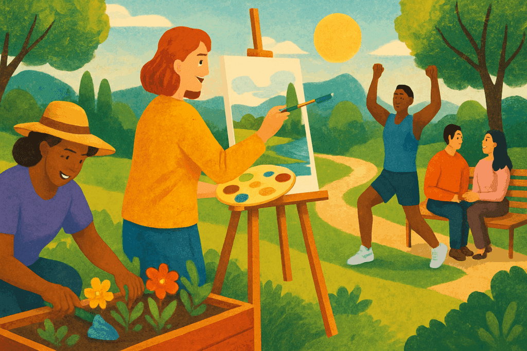 Diverse people gardening, painting, exercising, and socializing, illustrating the cognitive behavioral approach to therapy