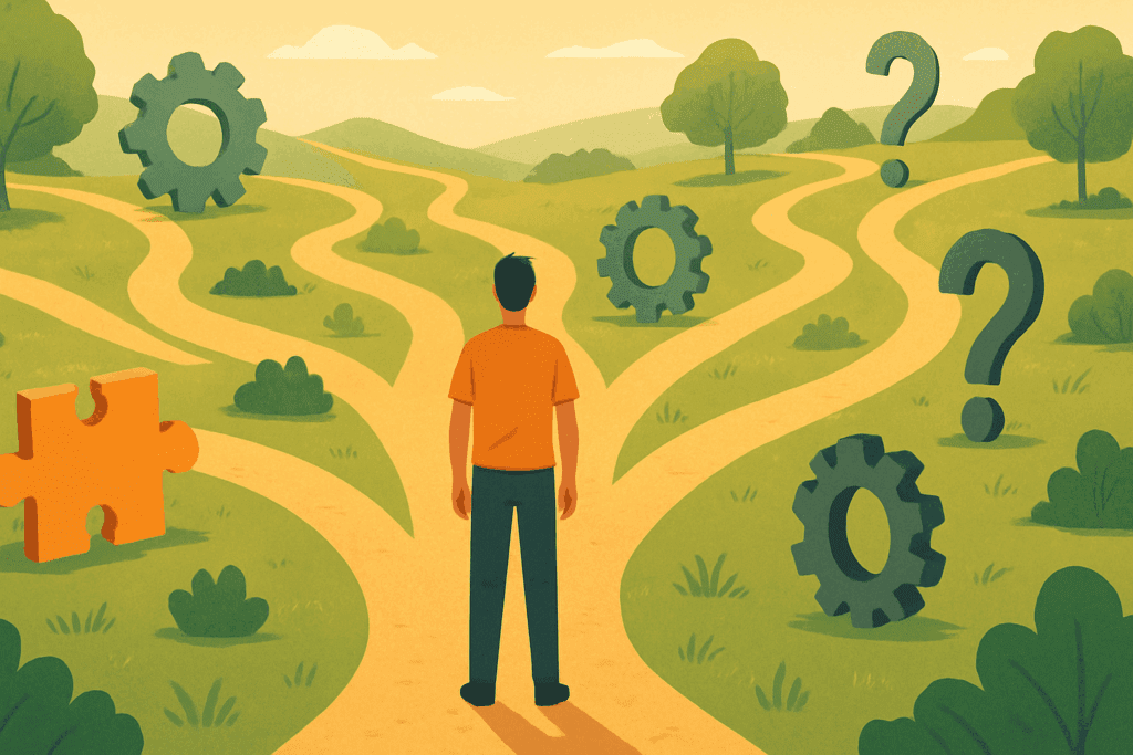 Person standing at a forked path lined with puzzle pieces, gears, and question marks, symbolizing the cognitive behavioral approach to therapy.