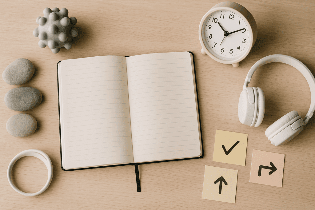 Overhead view of a tidy workspace with journal, calming stones, clock, and headphones representing the cognitive behavioral approach to therapy.