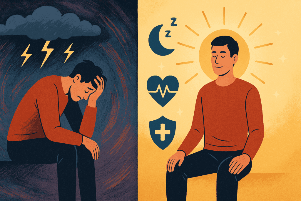 Split-screen illustration showing the cognitive behavioral approach to therapy—one side with a stressed man under storm clouds, the other with the same man calm, surrounded by health symbols.