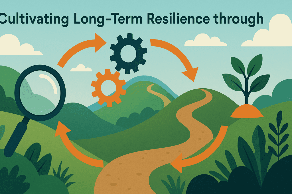 Cycle diagram illustrating the cognitive behavioral approach to therapy with symbols for stress awareness, skill-building, daily practice, and growth.