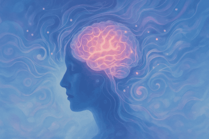 Side profile of a serene woman with her brain glowing and neural patterns flowing outward, symbolizing the Cognitive Mind in a dreamy, abstract blue and purple background.