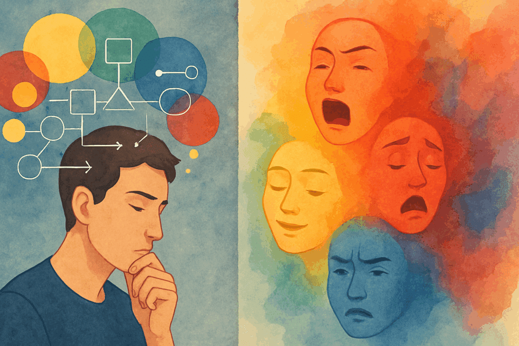 Split-screen illustration showing a cognitive mind at work—one side with a thoughtful person and logic diagrams, the other with vivid emotional expressions.