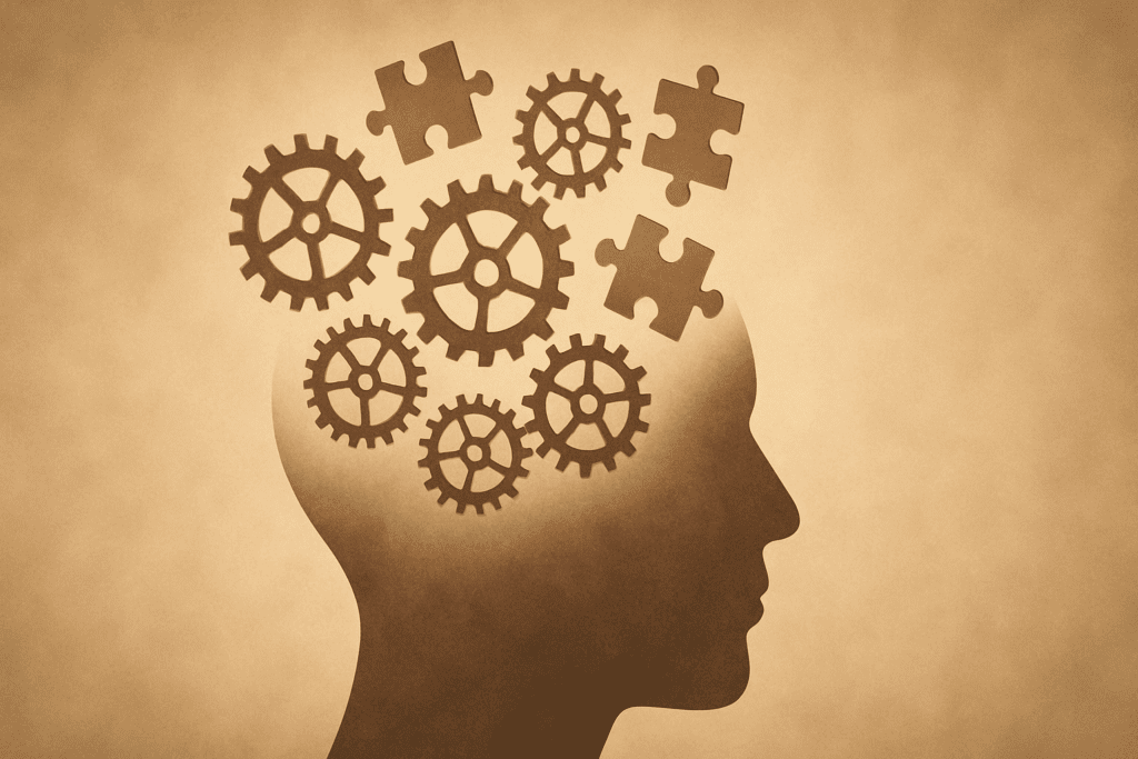 Silhouette of a human head filled with gears and puzzle pieces, symbolizing the Cognitive Mind and mental processes like memory and reasoning.