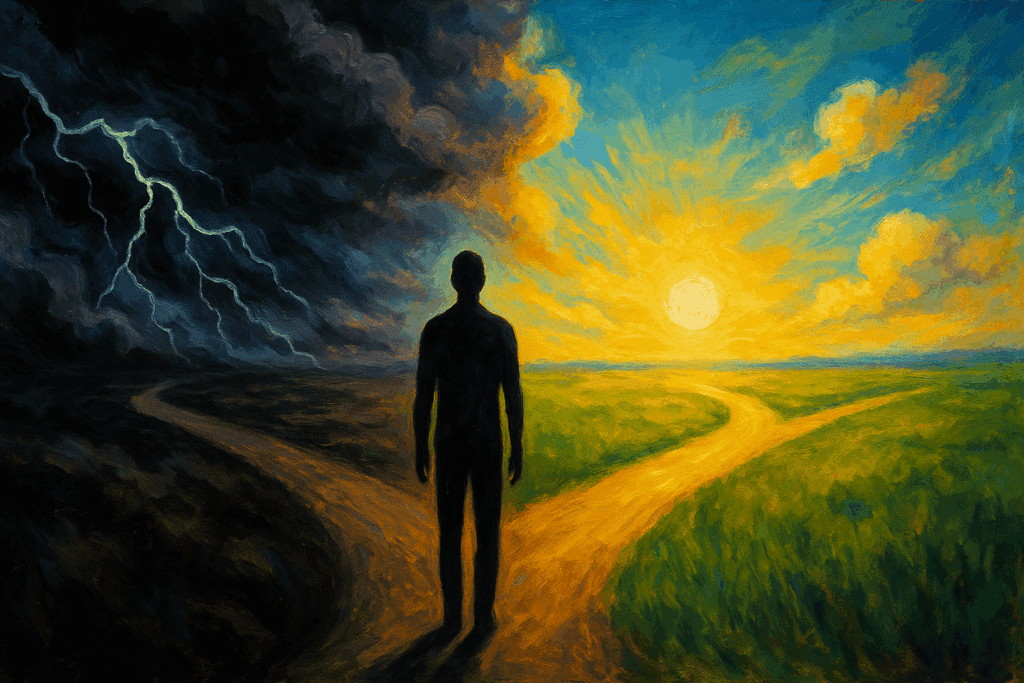Abstract conceptual landscape of the Cognitive Mind showing a person choosing between dark clouds of distorted thinking and bright skies of healthy cognition.
This description is: