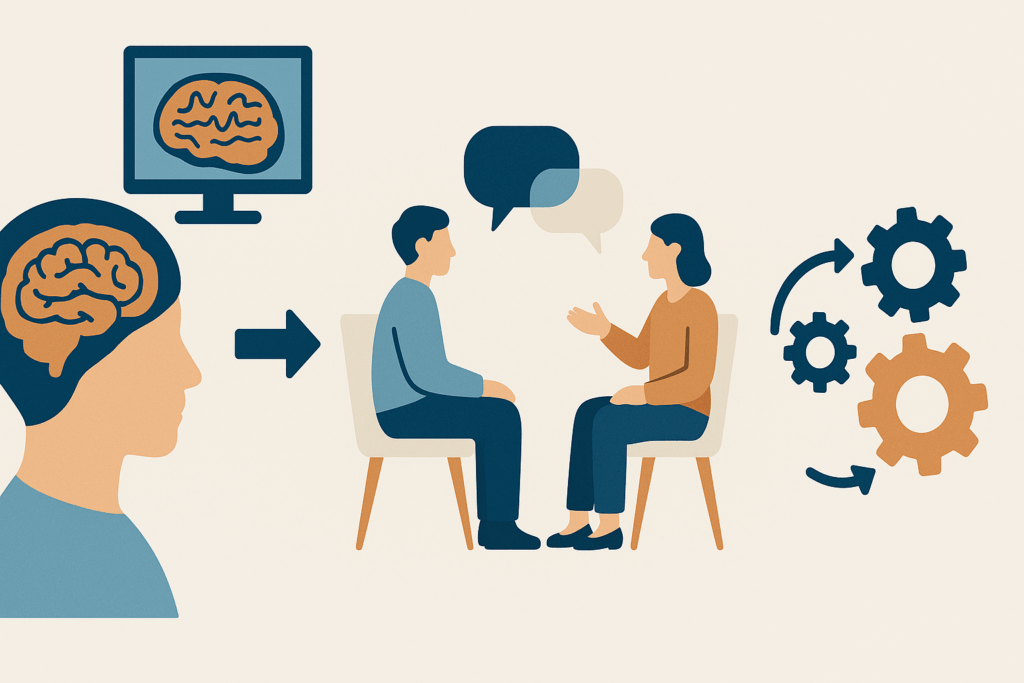 Stepwise infographic showing cognitive mind processes: brain assessment, therapy dialogue, and mental restructuring through gears