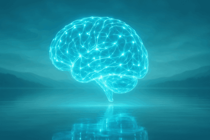 Glowing neural network forming a human brain above calm water, symbolizing clarity, balance, and the cognitive process.