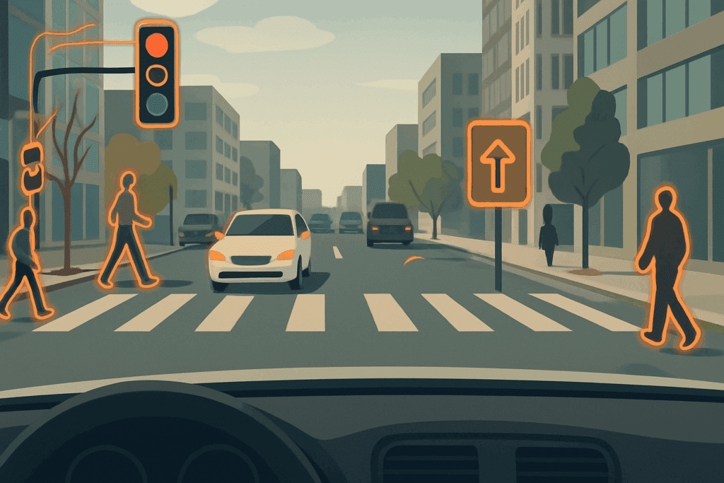 Driver’s view at a busy city intersection illustrating the cognitive process of multitasking with traffic lights, pedestrians, and road signs