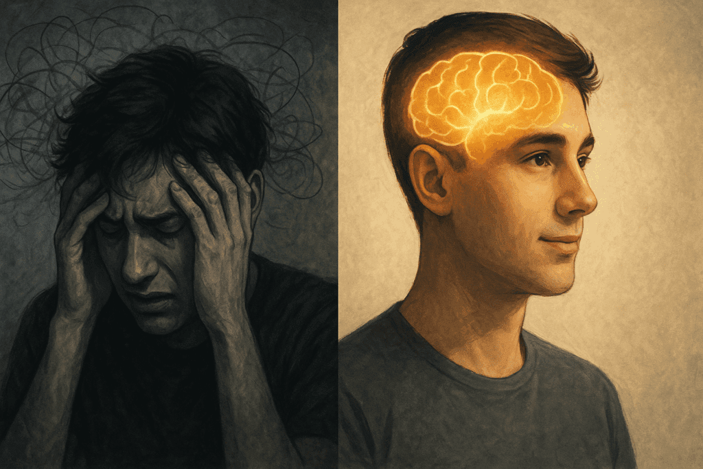 Split image showing cognitive process contrast between anxiety and mental clarity, with a distressed man beside a calm individual and lit-up brain