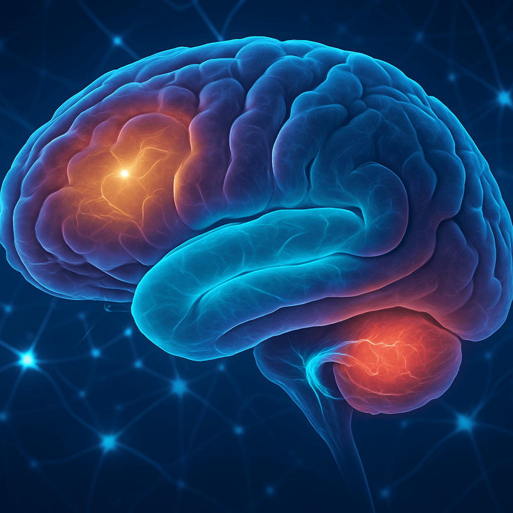 Diagram of human brain highlighting prefrontal cortex, hippocampus, and amygdala with glowing synaptic links representing the cognitive process