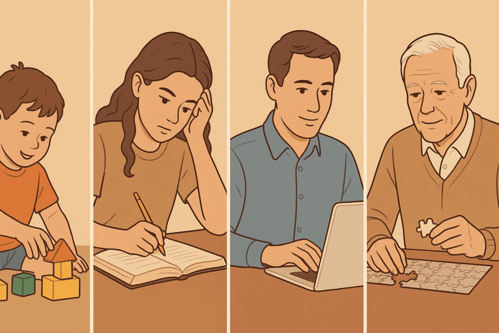 Generational illustration showing the cognitive process from childhood to old age, with a child building blocks, a teen studying, an adult on a laptop, and a senior solving a puzzle.