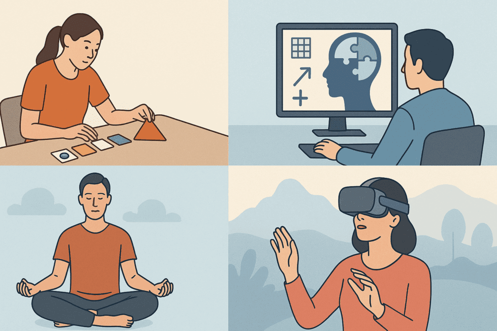 Illustration showing four real-life applications of the cognitive process in therapy, including rehabilitation exercises, brain-training software, mindfulness meditation, and virtual reality treatment.