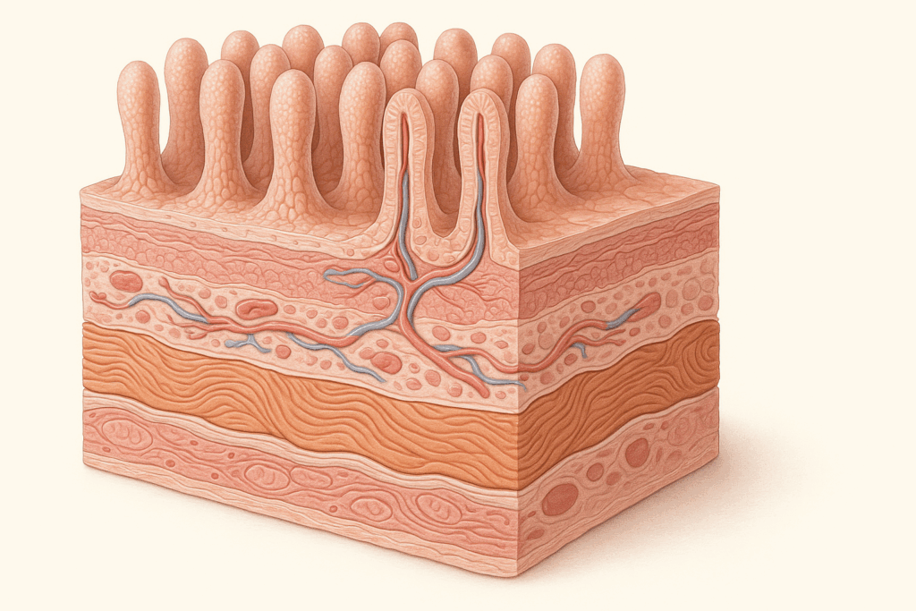 Cross-section of the intestinal wall showing the four main layers of the digestive system with villi, blood vessels, and muscle fibers.