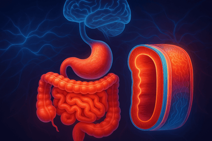 Cross-sectional illustration of the human gut showing the layers of the digestive system with mucosa, submucosa, muscularis, and serosa, connected to the brain by abstract neural pathways.