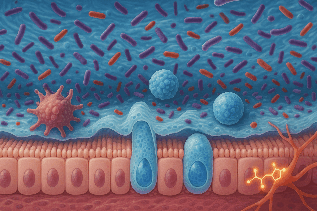 Microscopic view of the layers of the digestive system showing intestinal mucosa with goblet cells, gut bacteria, immune cells, and serotonin near nerve endings.
