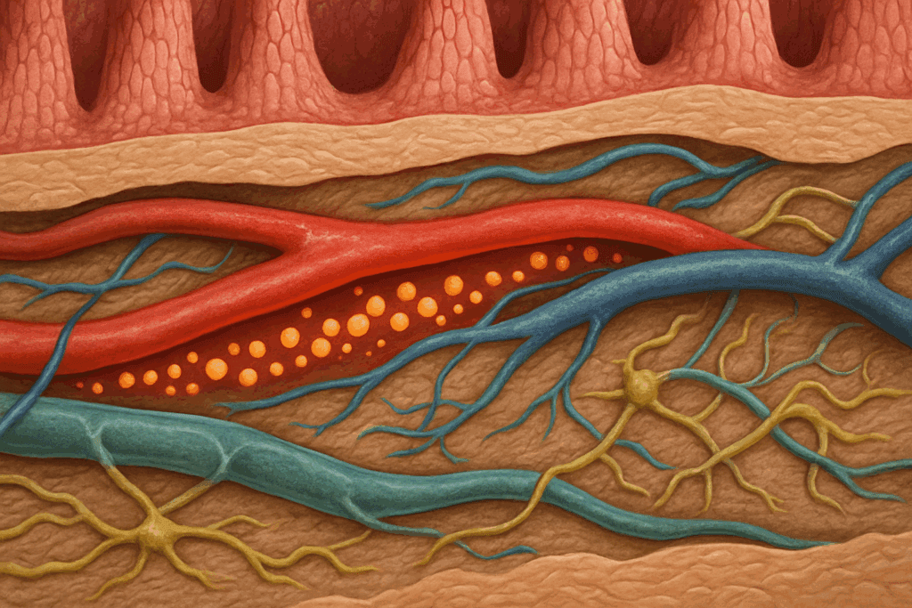 Cross-sectional illustration showing the layers of the digestive system with submucosa, blood vessels, lymphatics, and nerve fibers