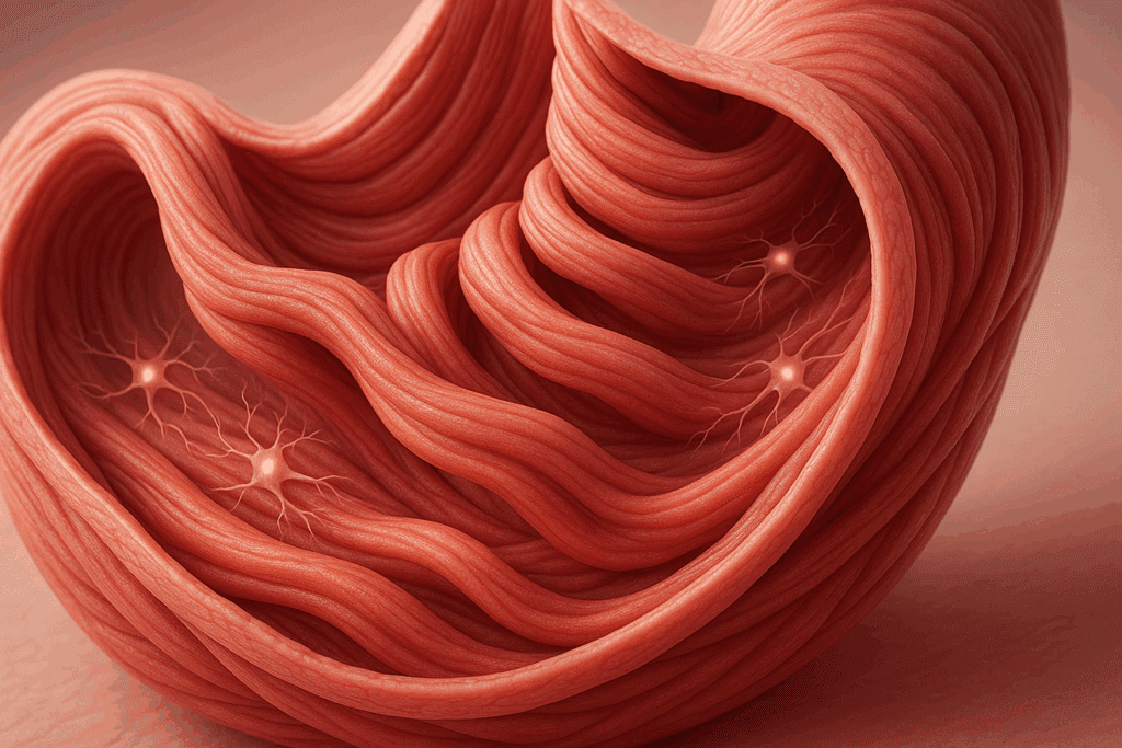 3D medical illustration showing smooth muscle layers of the stomach wall—longitudinal, circular, and oblique—with embedded neurons, highlighting layers of the digestive system in motion.