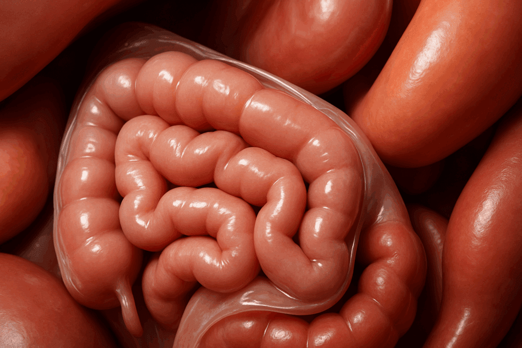 Close-up view of the serosa membrane surrounding the intestines, illustrating the outermost layers of the digestive system with glossy, fluid-coated detail.