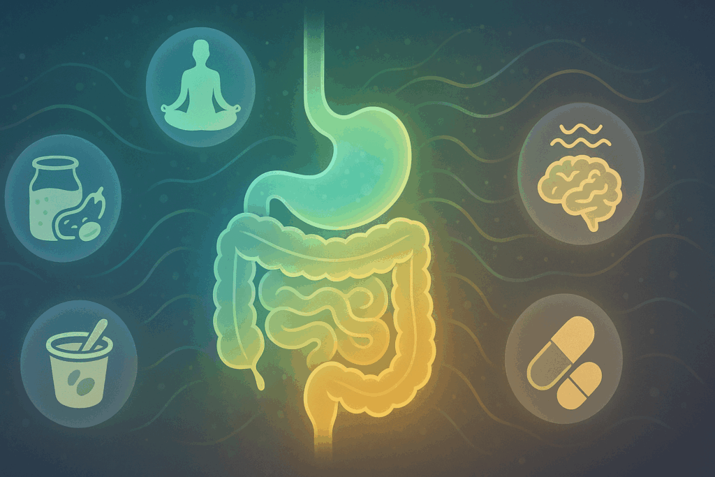 Stylized illustration of the layers of the digestive system glowing in green, blue, and gold, surrounded by icons of probiotics, yoga, supplements, and brainwave patterns.