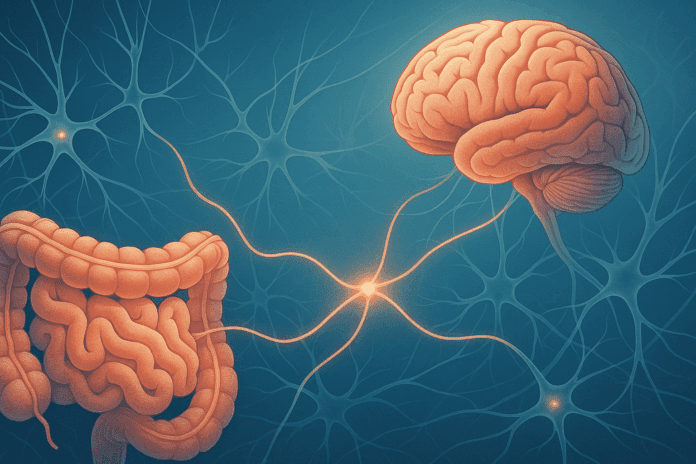 Abstract medical illustration of the lower gastrointestinal system connected to the brain with glowing neural pathways symbolizing the gut-brain connection