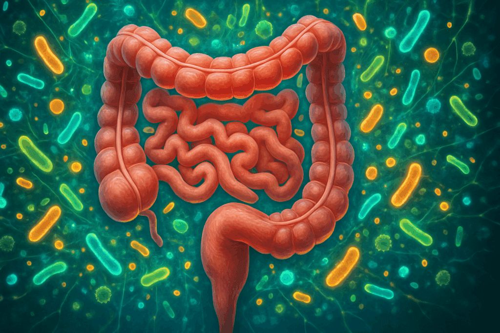 Anatomical illustration of the lower gastrointestinal system surrounded by glowing gut microbiota in a vibrant, healthy biological environment
