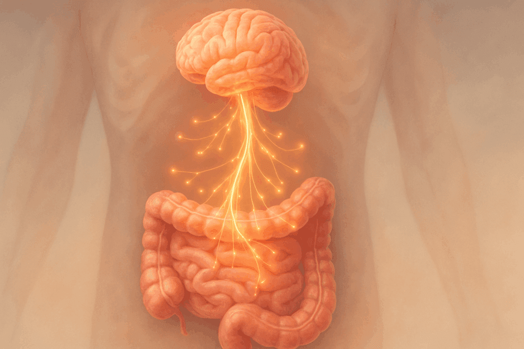 Artistic illustration of the vagus nerve linking the brain to the lower gastrointestinal system with glowing neural pathways on a soft anatomical background
