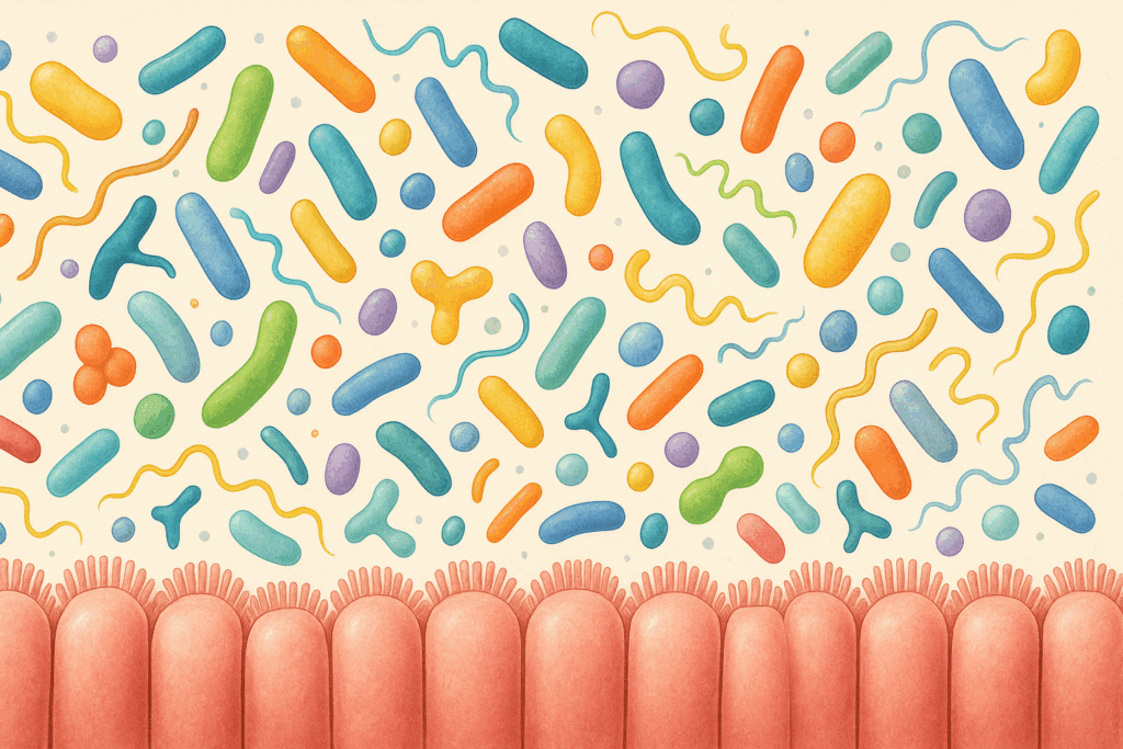 Colorful gut microbiota interacting with epithelial cells in the lower gastrointestinal system, illustrating microbial diversity and vitality.