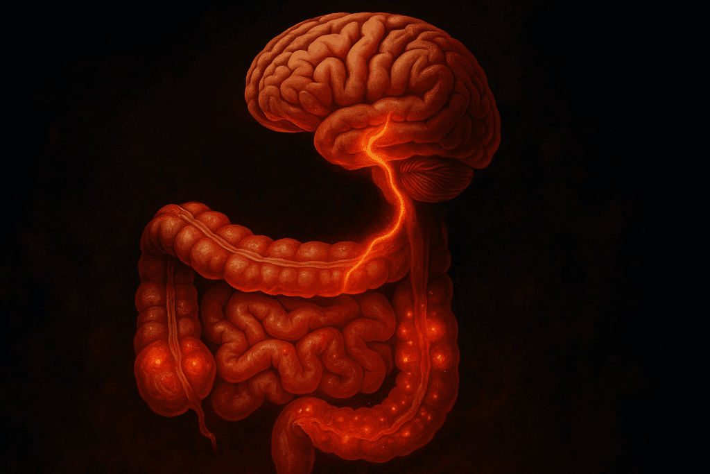 Inflamed lower gastrointestinal system with highlighted intestinal lining and inflammation pathways extending toward the human brain.