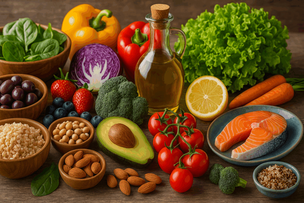 Colorful Mediterranean diet spread of salmon, whole grains, olive oil, vegetables, and fruits arranged on a rustic table to promote gut health and support the lower gastrointestinal system.
