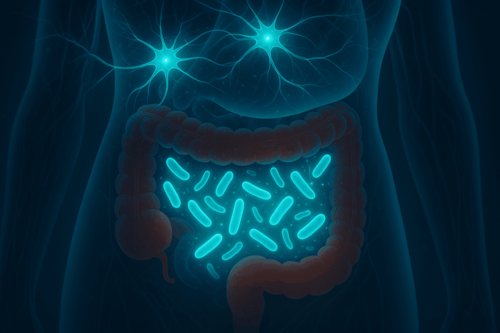 Glowing beneficial bacteria interacting with neural pathways inside the lower gastrointestinal system, visualizing psychobiotic gut-brain therapy in a futuristic style.