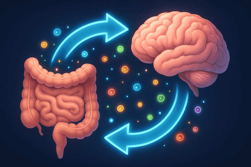 Stylized brain and lower gastrointestinal system connected by glowing arrows with neurotransmitters flowing between them, illustrating gut-brain communication.