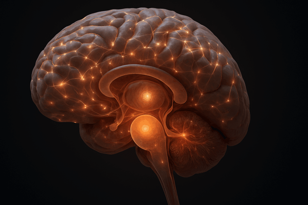 Highly detailed 3D rendering showing how the midbrain, forebrain, and hindbrain work together, with glowing neural activity across the cerebral cortex, thalamus, hypothalamus, and limbic system.
