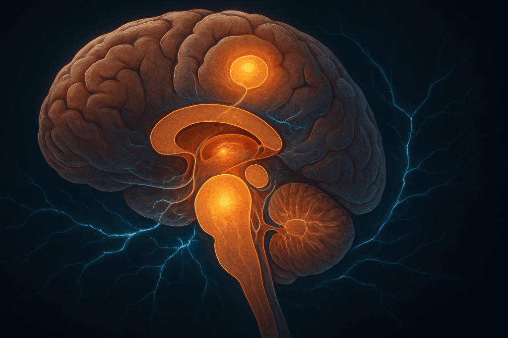 Artistic rendering showing how the midbrain, forebrain, and hindbrain work together to process sensory input, motor control, and neural signaling.