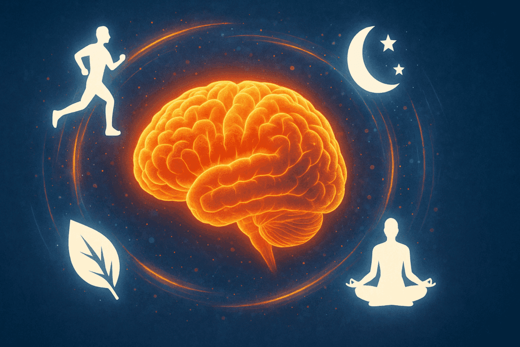 Glowing healthy brain surrounded by symbols of exercise, nutrition, sleep, and meditation, representing how the midbrain, forebrain, and hindbrain work together.