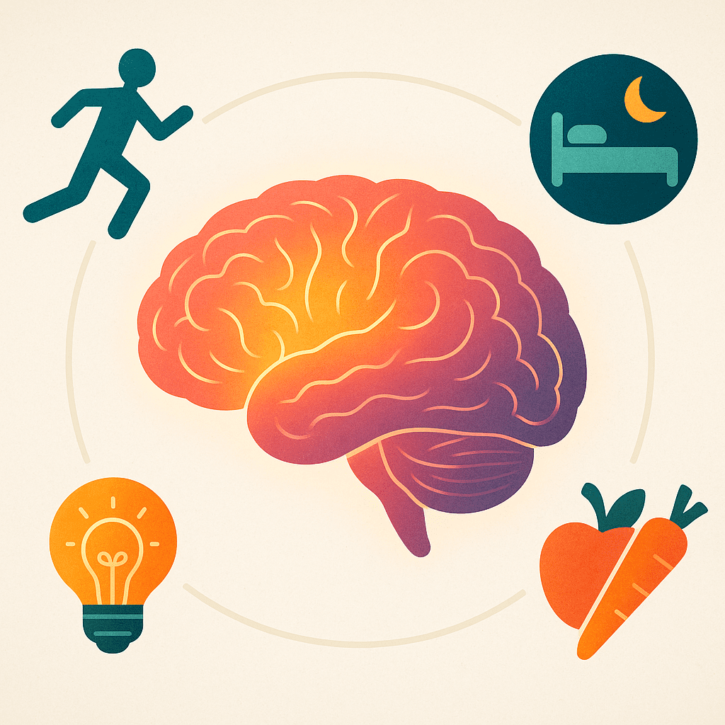Glowing human brain surrounded by icons for exercise, sleep, nutrition, and cognitive stimulation, illustrating how the midbrain, forebrain, and hindbrain work together.