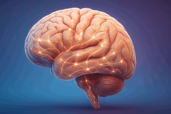 Realistic digital illustration showing how the midbrain, forebrain, and hindbrain work together with glowing neural pathways on a blue-to-violet gradient background